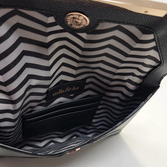 Stella and Dot Black Faux Leather Avalon Envelope Clutch Wristlet Gold Accents - Picture 3 of 5